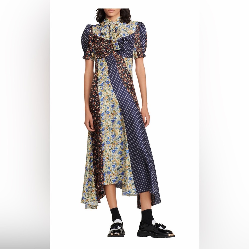 Sandro Asymmetrical Floral Dress in Navy and Cream